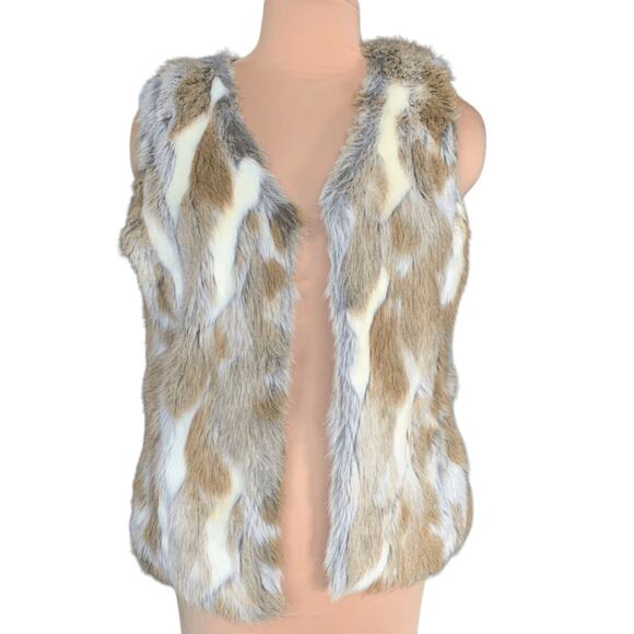 Marcia Mello Faux Fur Vest Brown Beige White Size 40 Open Front Boho Topper - Picture 12 of 12